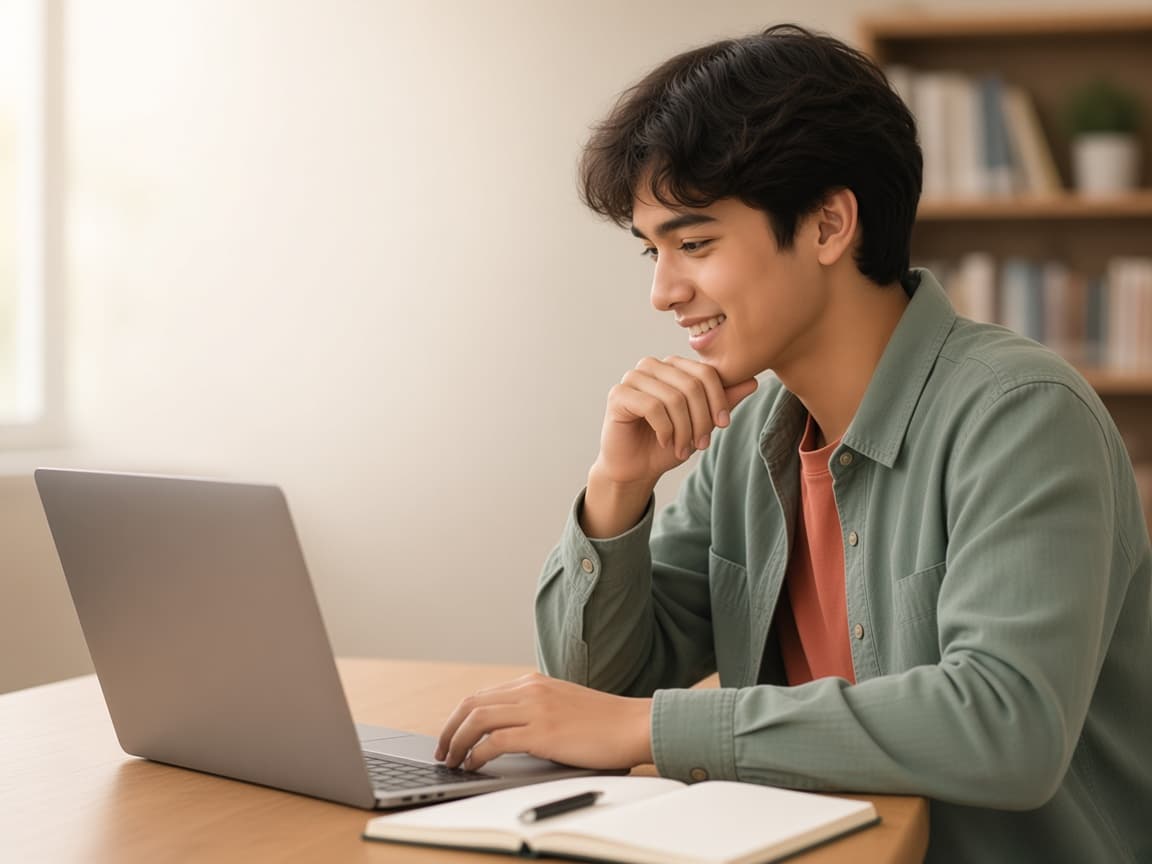A high school student thinking through an answer while looking at a laptop